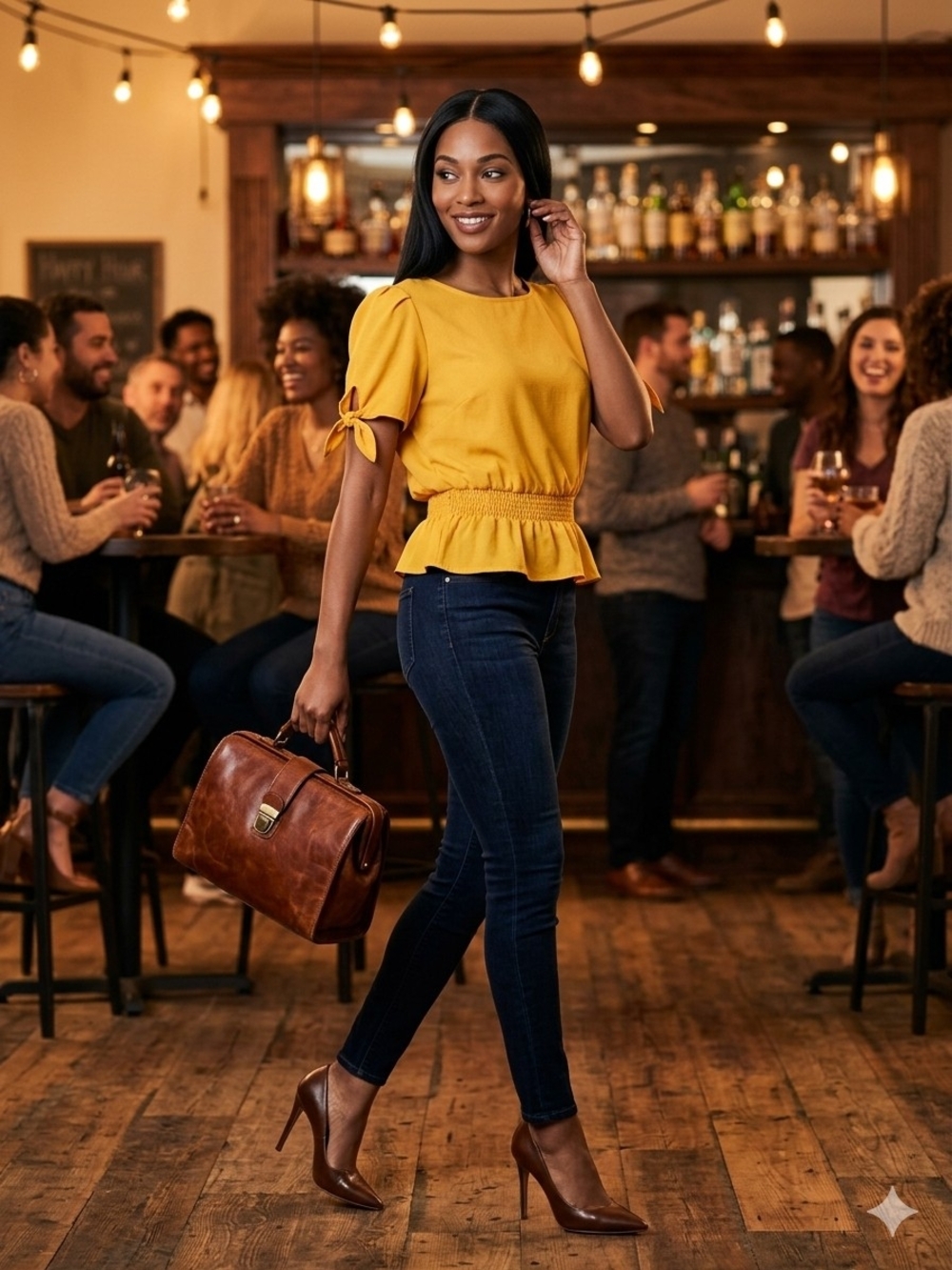 iris Mustard Short-Sleeve Peplum Blouse with Tie Sleeves